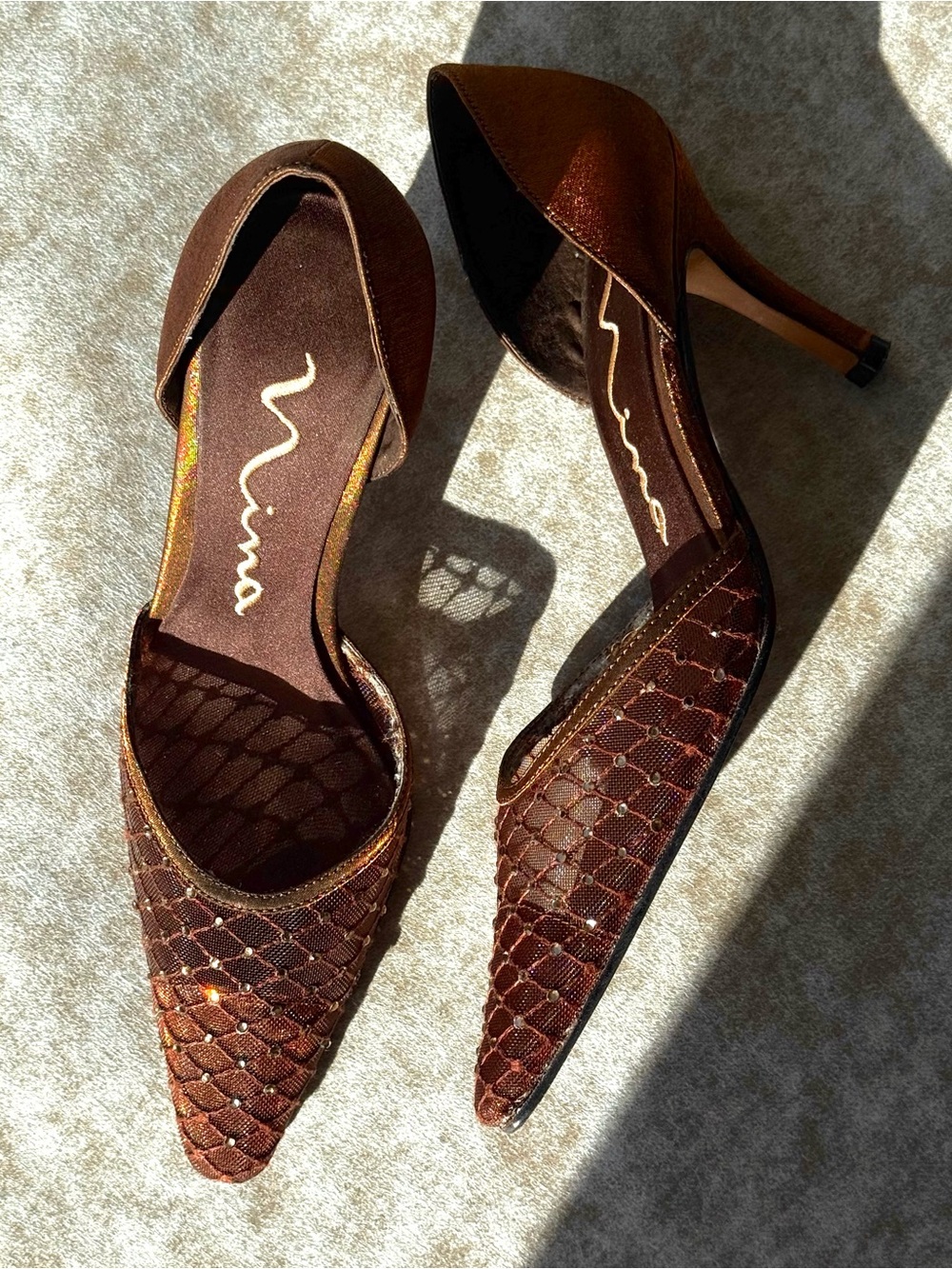 Nina Saba Bronze Rhinestone Mesh D’Orsay Heels Y2K Size 6M